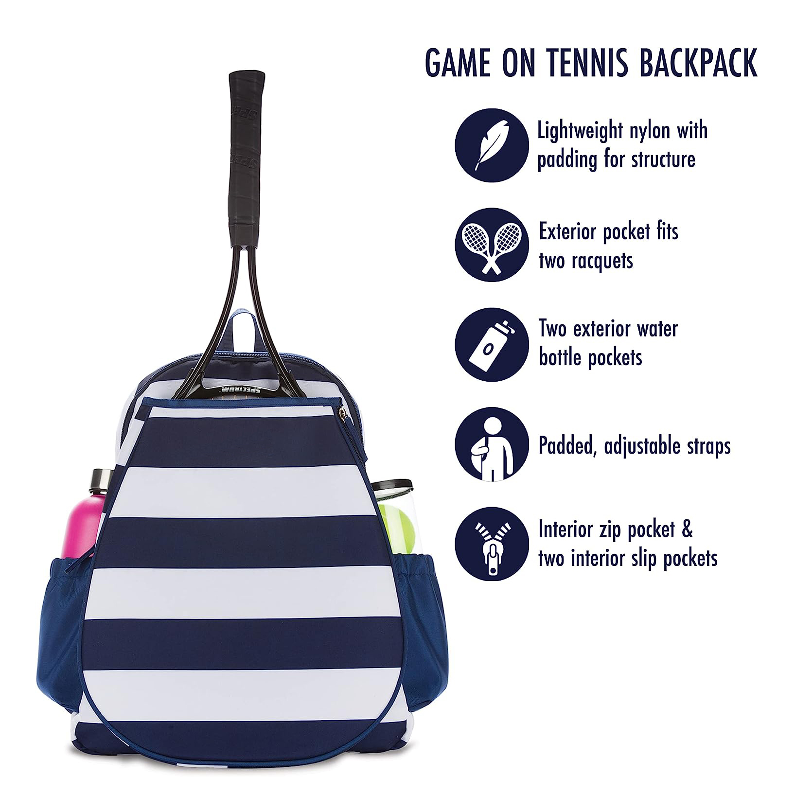 Tennis Backpack . Contains Padded & Adjustable Straps Two Exterior Water Bottle Pockets