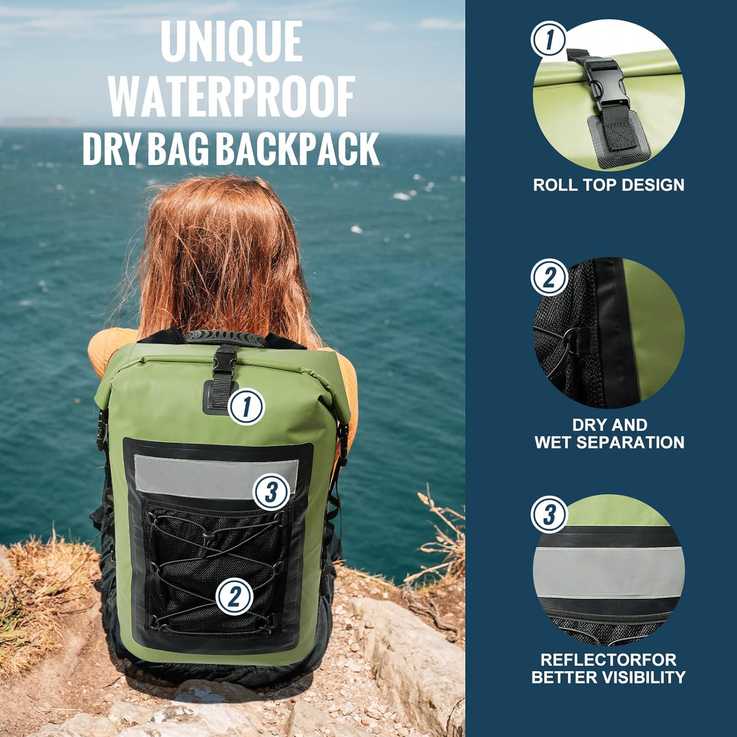 2024 Supply Meanhigh Dry Bag Waterproof Backpack for Men & Women, 25L, Medium/Large, Rolltop, for Surfing, Kayaking, Diving, Hiking, Motorcycle +Floating, Lightweight, Water Bottle Pockets