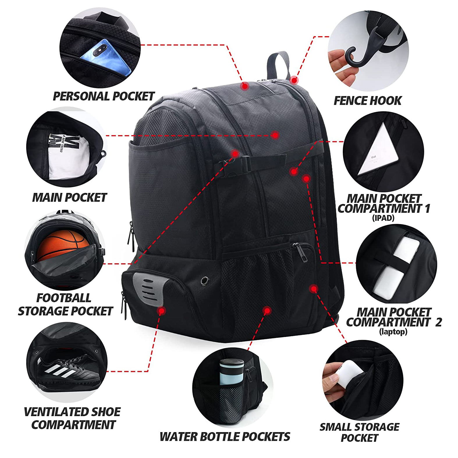 Basketball Backpack for Men Soccer Bag with BallCompartment & Shoe Compartment for Basketball, Soccer,Volleyball Training