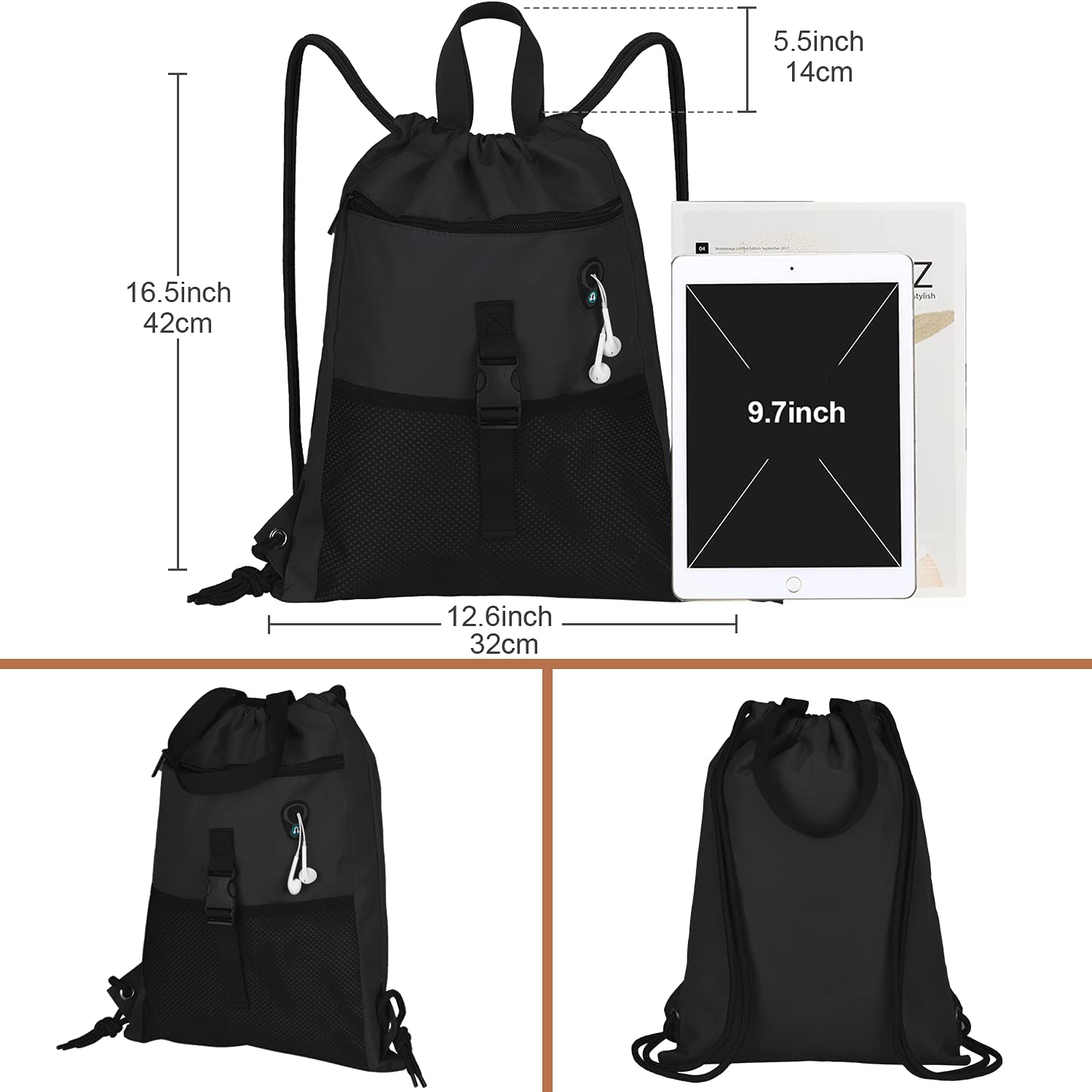 Drawstring Backpack Bag with Pockets Sports Sack with Handle Drawstring Backpack Travel for Men Women