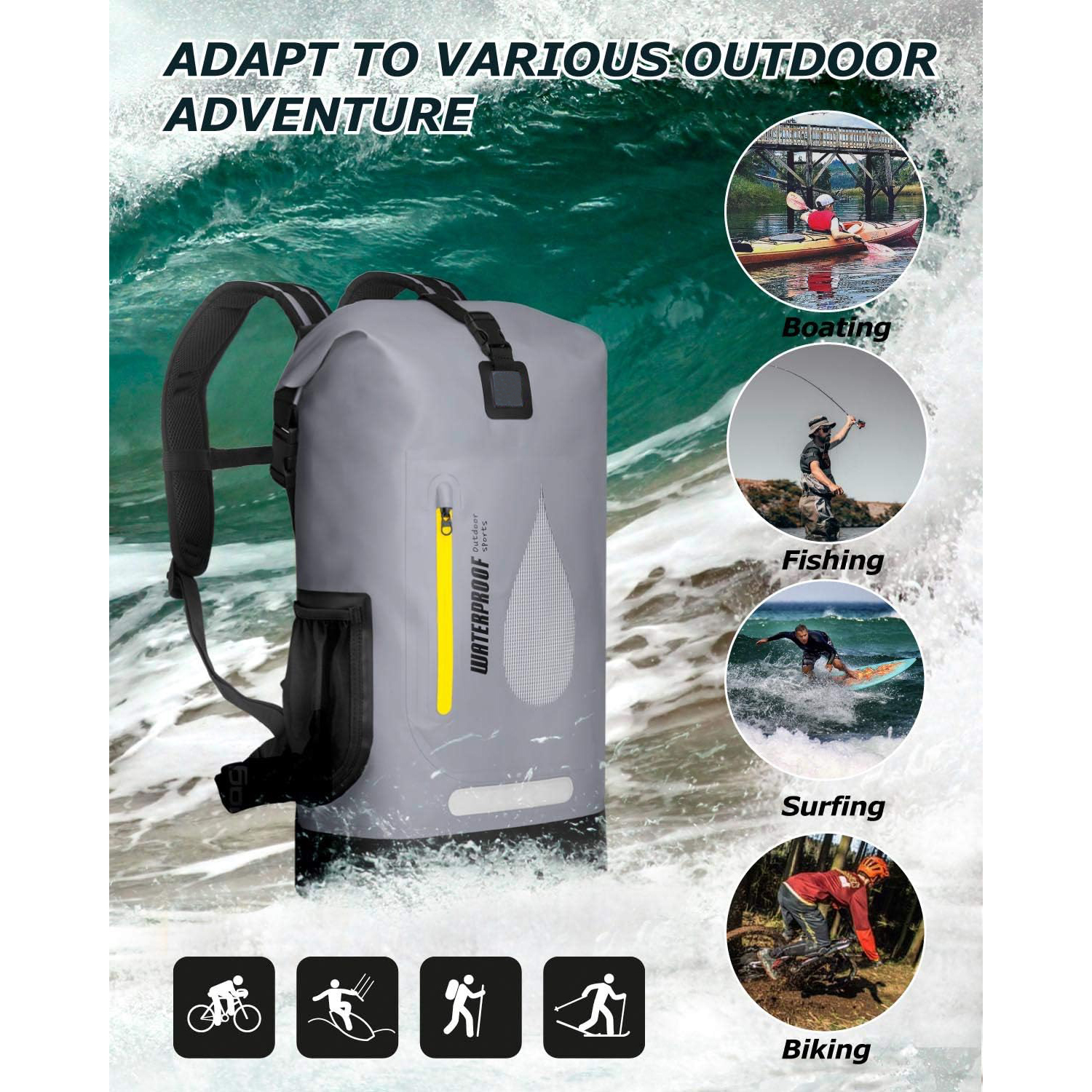 Dry Backpack Waterproof Bag 30L Roll Top Floating Dry Sack with Inner Padded Pocket for Kayaking, Boating, Surfing, Fishing, Rafting, Swimming, Hiking