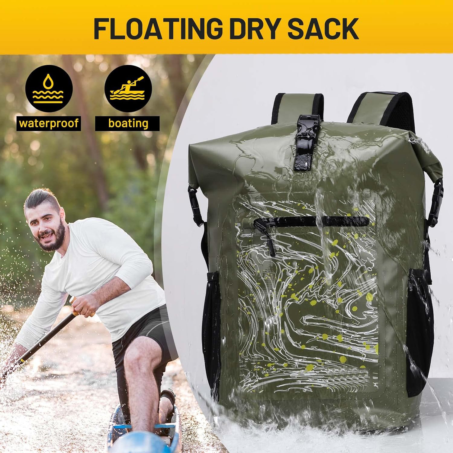 Dry Backpack Waterproof Bag 30L Roll Top Floating Dry Sack with Inner Padded Pocket for Kayaking, Boating, Surfing, Fishing, Rafting, Swimming, Hiking