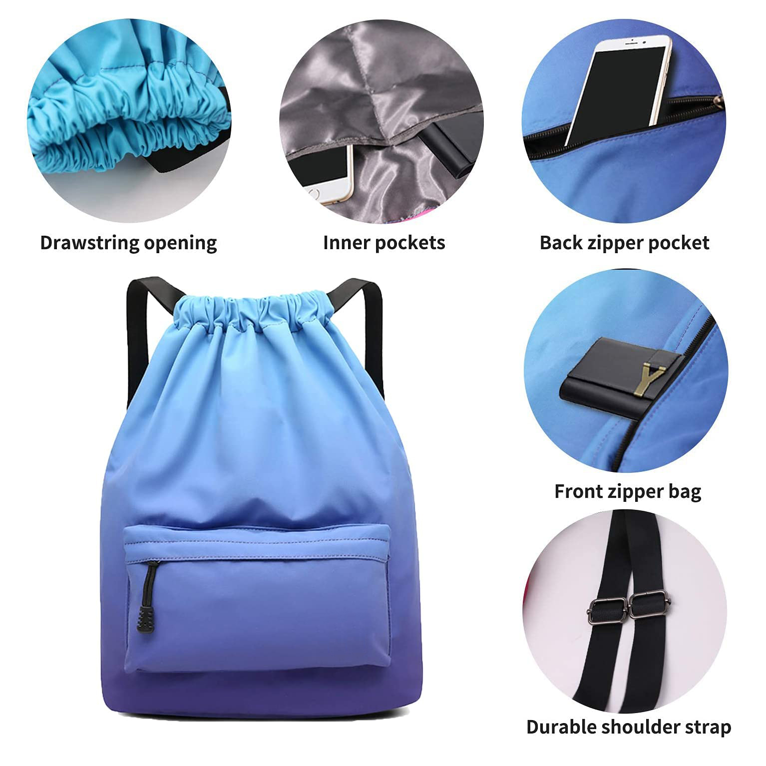 Drawstring Backpack Bag with Shoe Compartment String Cinch Sackpack for Unisex