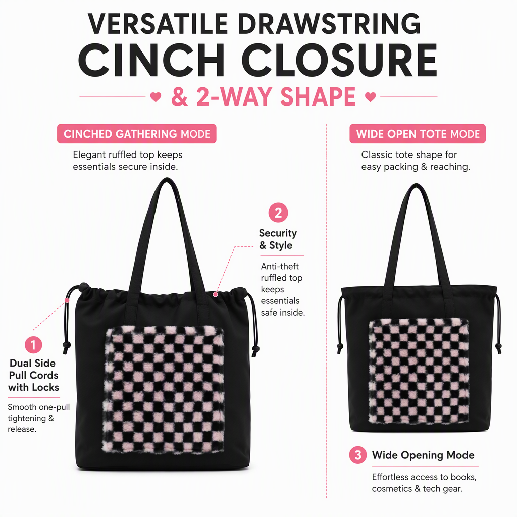 Advance Wholesale Plush Checkered Tote Bag Custom Lightweight Laptop Shoulder Bag with Drawstring Closure for Women