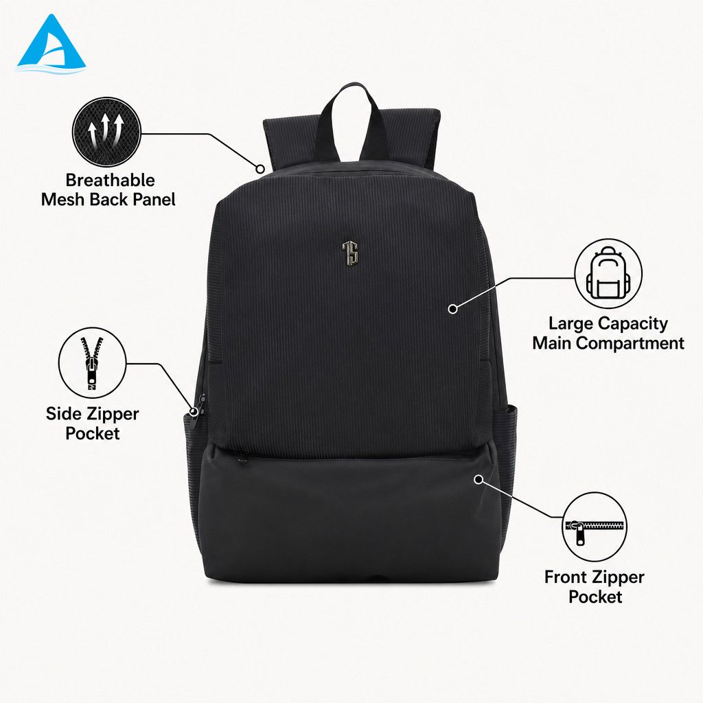 Minimalist Black Ribbed Nylon Backpack Slim Lightweight Daily Commute Rucksack with Multi Zipper Pockets for School Office
