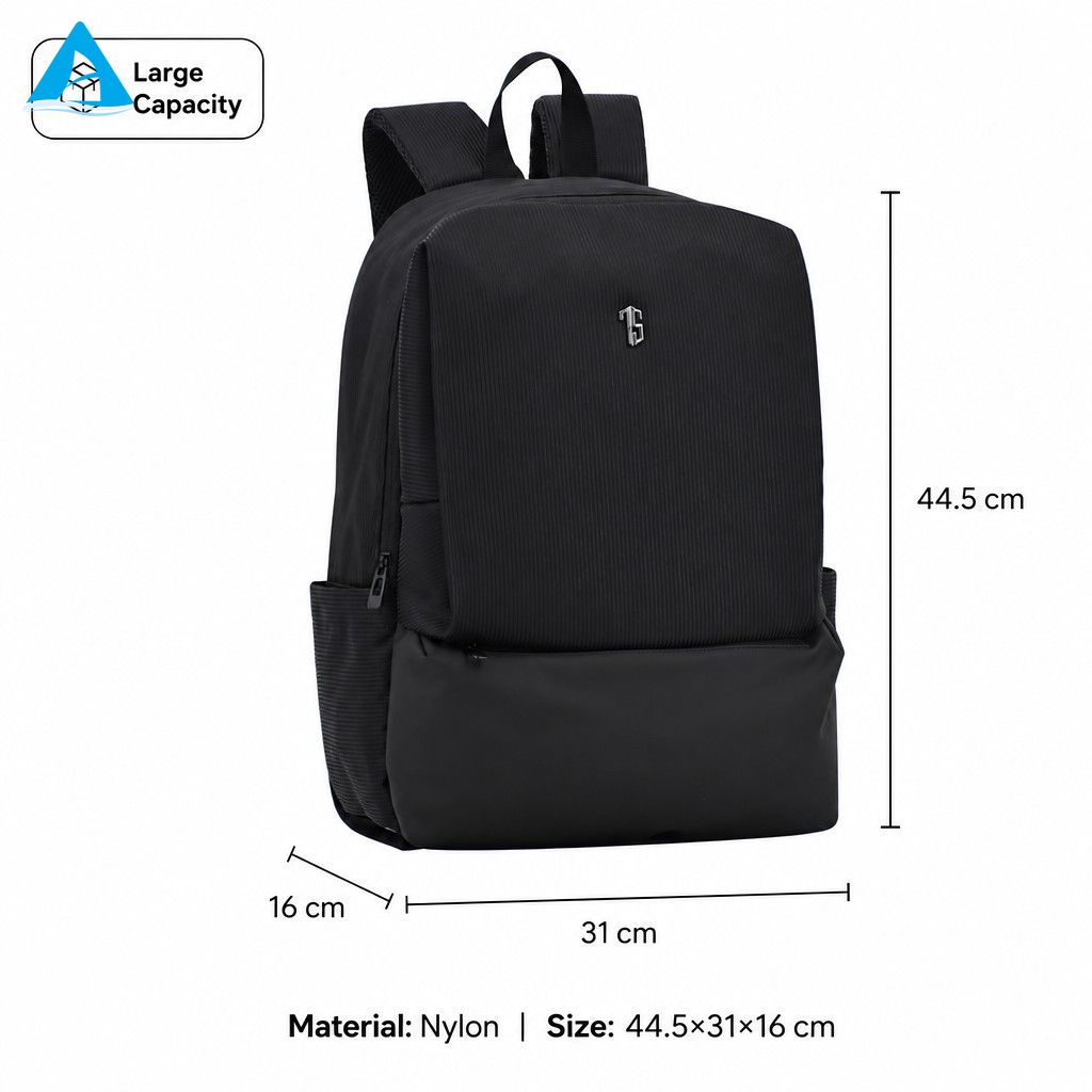 Casual Minimalist Black Ribbed Nylon Backpack Slim Lightweight Daily Commute Student Backpack for School Office
