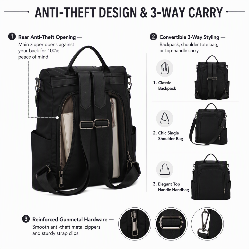Custom Women's Anti-Theft Travel Backpack High-Density Polyester Water-Resistant Laptop Bag with Hidden Back Zipper