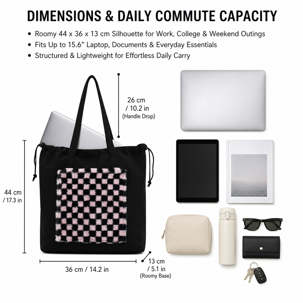 Advance Wholesale Plush Checkered Tote Bag Custom Lightweight Laptop Shoulder Bag with Drawstring Closure for Women