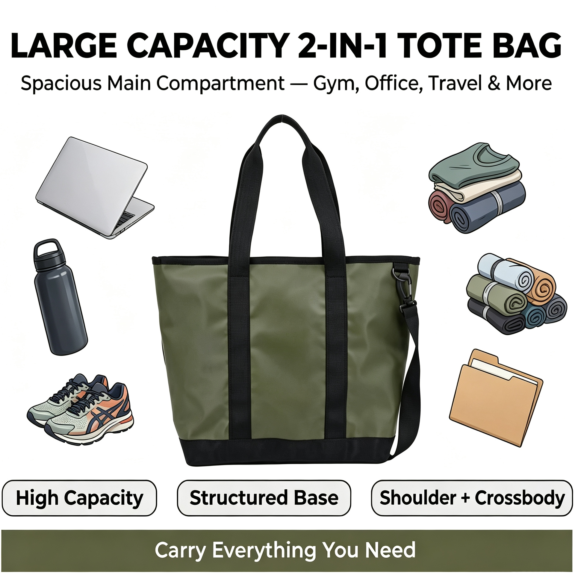 Waterproof Matte Tote Bag Large Capacity 2-in-1 Design with Detachable Strap Wide Handle Handbag for Gym Office Travel Daily