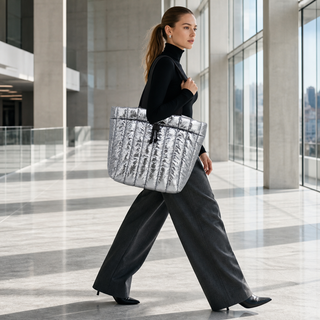 Custom Water Resistant Quilted Tote Bag with Adjustable Drawstring Portable Silver Shoulder Handbag for Women Travel Work