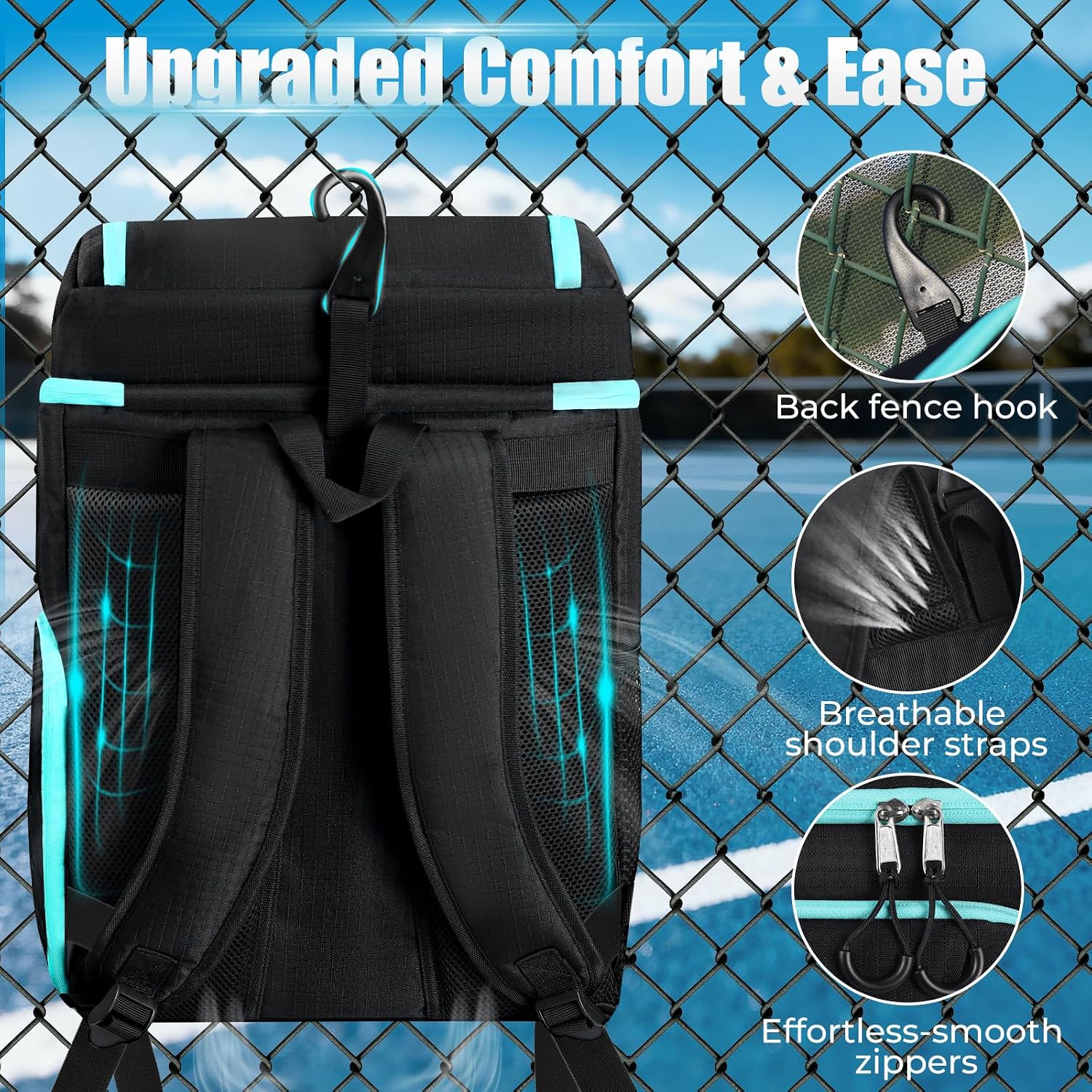 Advance 33L Water Resistant Pickleball Tennis Racket Sports Backpack Zipper Closure Separate Shoe Compartment Laptop Sleeve