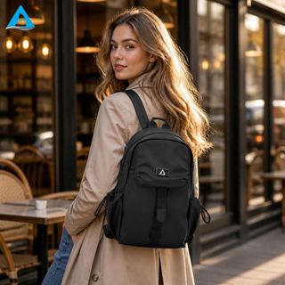 Black Shoulder Bag Premium Nylon Water Resistant Small Daypack with Flap Pocket Drawstring Side Pockets for Daily Use