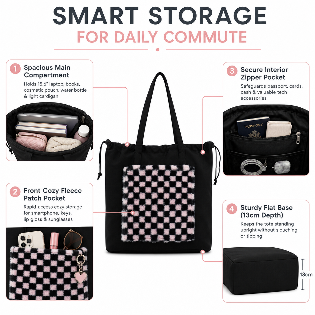 Advance Wholesale Plush Checkered Tote Bag Custom Lightweight Laptop Shoulder Bag with Drawstring Closure for Women