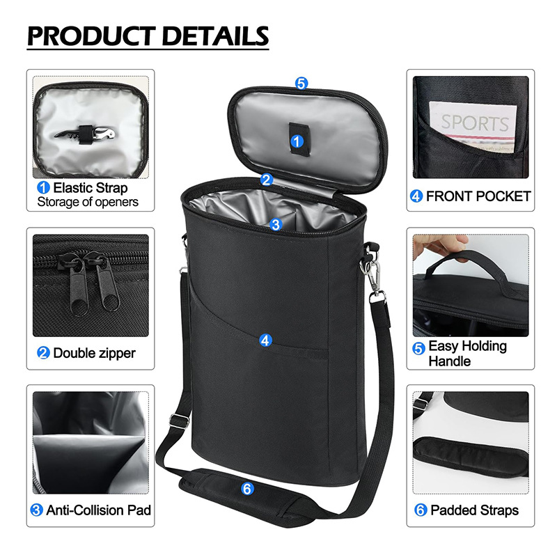 Factory Custom High Quality 2 Bottle Wine Cooler Bag Lightweight Leakproof Gift Tote Handbag with Adjustable Shoulder Strap