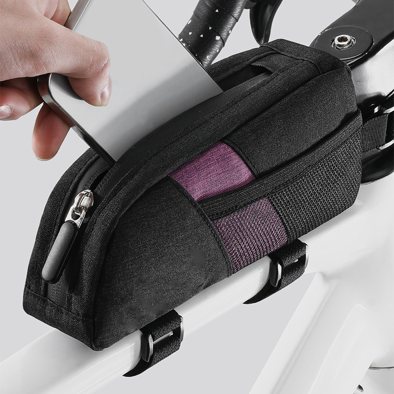 Bicycle Top Tube Bike Frame Bag Waterproof Polyester Zipper Closure Handlebar Storage Pouch Quick Access Phone Pocket Cycling