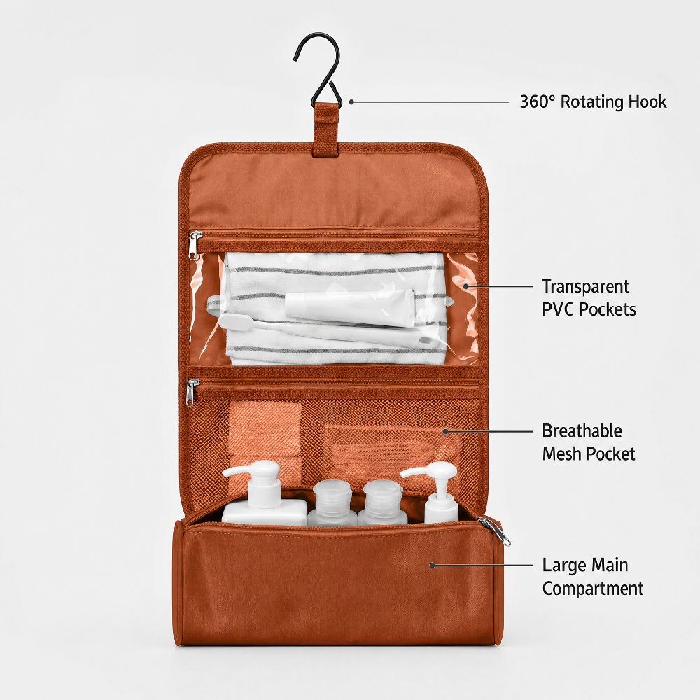 Custom Polyester Large Capacity Waterproof Travel Hanging Cosmetic Bag Portable Foldable Roll up Toiletry Bag for Men Women