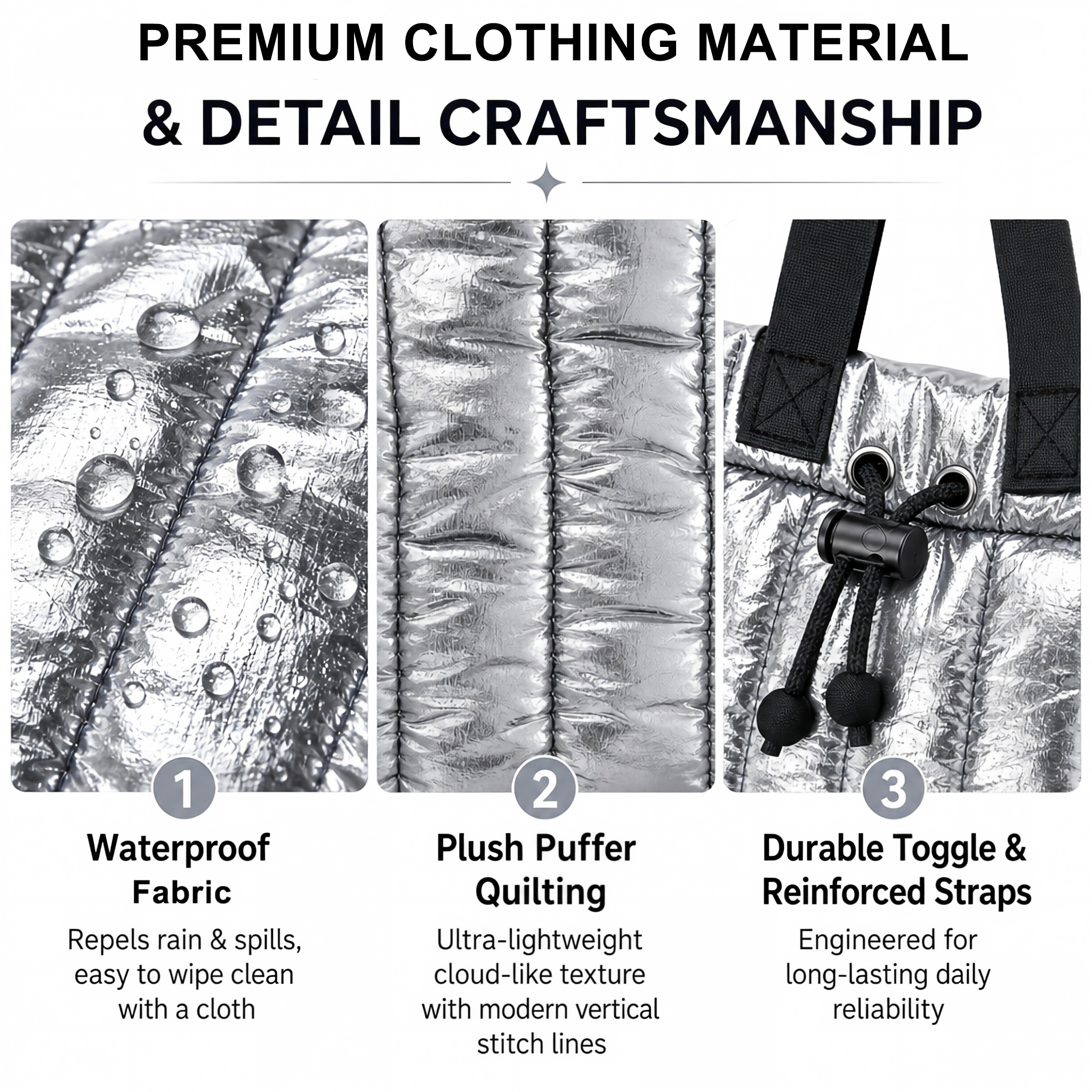 Custom Lightweight Quilted Tote Bag with Adjustable Drawstring Large Capacity Silver Shoulder Handbag for Women Travel Work