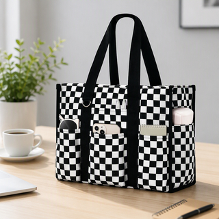 Fashion Waterproof Checkerboard Pattern Women's Tote Bag with Large Capacity Multi-Pocket Portable Weekender Travel Handbag