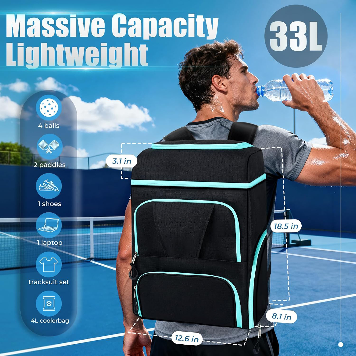 Advance 33L Water Resistant Pickleball Tennis Racket Sports Backpack Zipper Closure Separate Shoe Compartment Laptop Sleeve