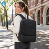 Minimalist Black Ribbed Nylon Backpack Slim Lightweight Daily Commute Rucksack with Multi Zipper Pockets for School Office
