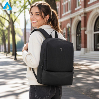 Minimalist Black Ribbed Nylon Backpack Slim Lightweight Daily Commute Rucksack with Multi Zipper Pockets for School Office