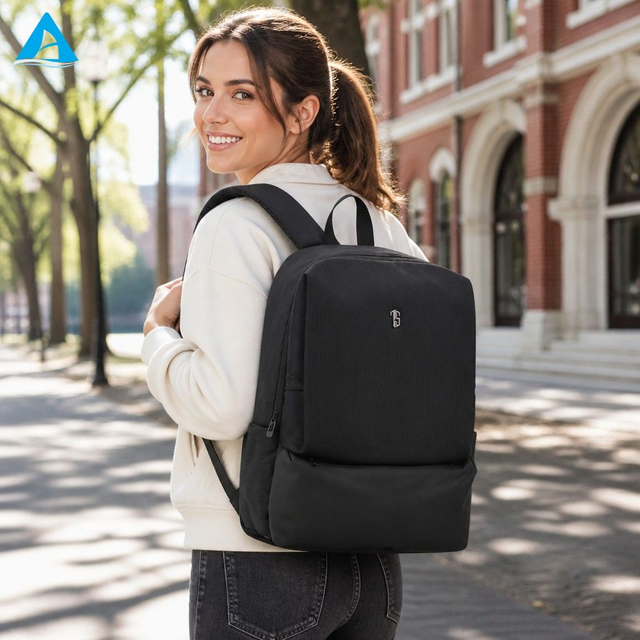 Minimalist Black Ribbed Nylon Backpack Slim Lightweight Daily Commute Rucksack with Multi Zipper Pockets for School Office