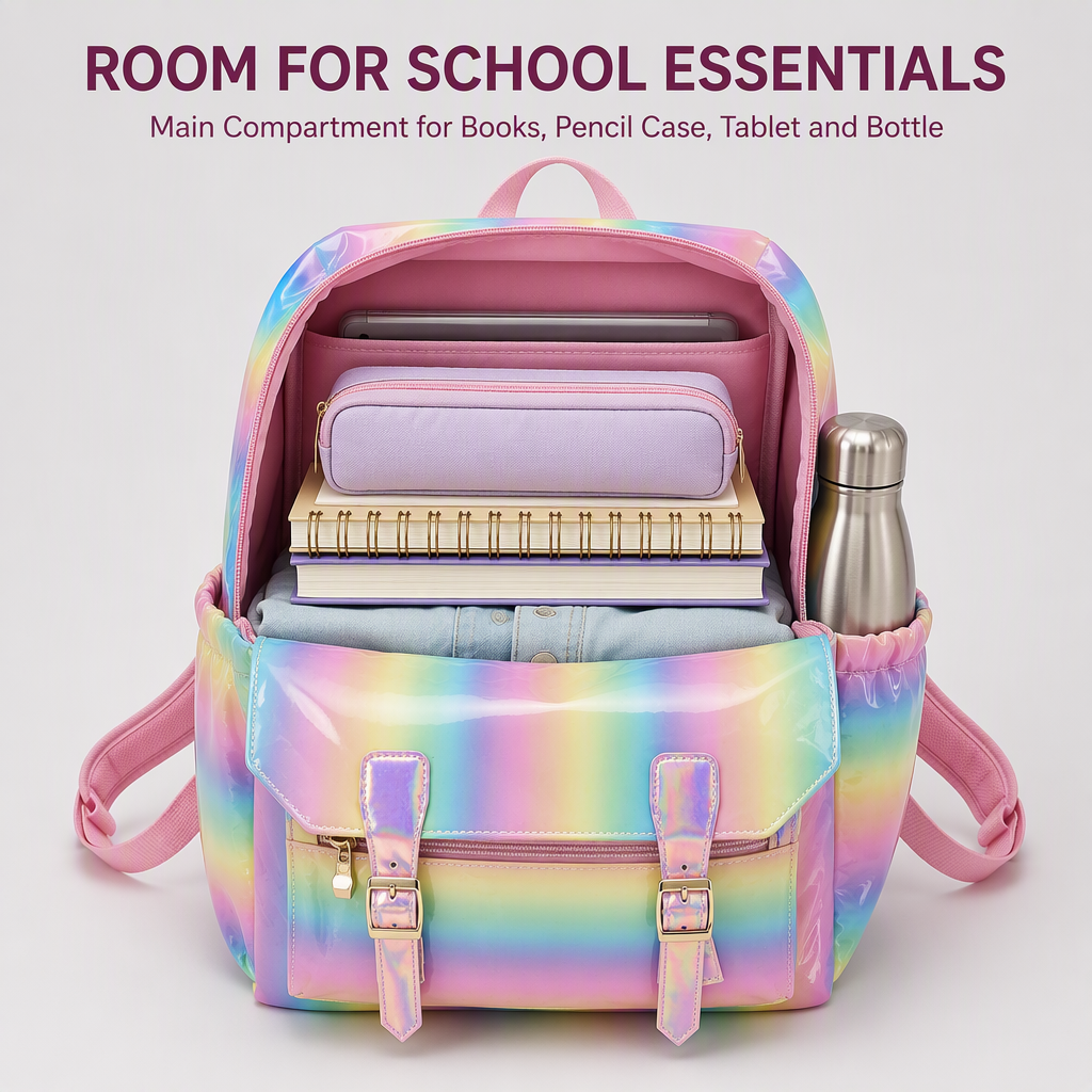 Cute Holographic Rainbow Backpack for Girls Teenagers Large Capacity Colourful PVC School Bag with Front Flap Pocket