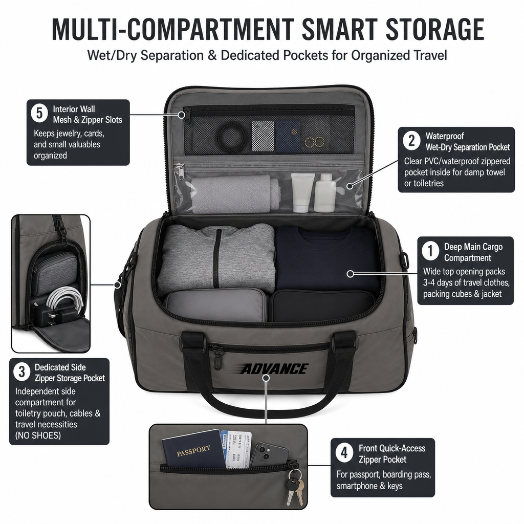Custom Large Capacity Travel Handbag Airline Approved Carry on Duffle Bag with Adjustable Shoulder Strap for Business Trips