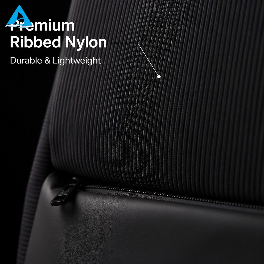 Casual Minimalist Black Ribbed Nylon Backpack Slim Lightweight Daily Commute Student Backpack for School Office