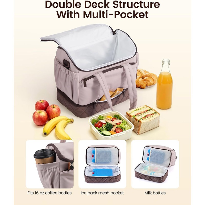 Custom New Lightweight Double Deck Insulated Lunch Bag Portable Large Capacity Leakproof Thermal Cooler Tote Bag for Picnic