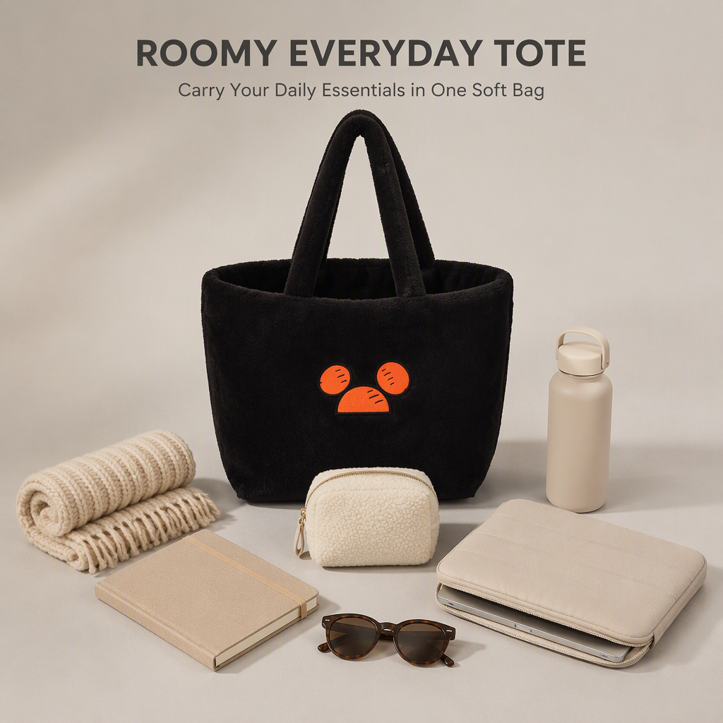 Soft Fleece Tote Bag for Women Large Capacity Black Plush Shoulder Handbag Lightweight Casual Shopping Bag for Daily Use