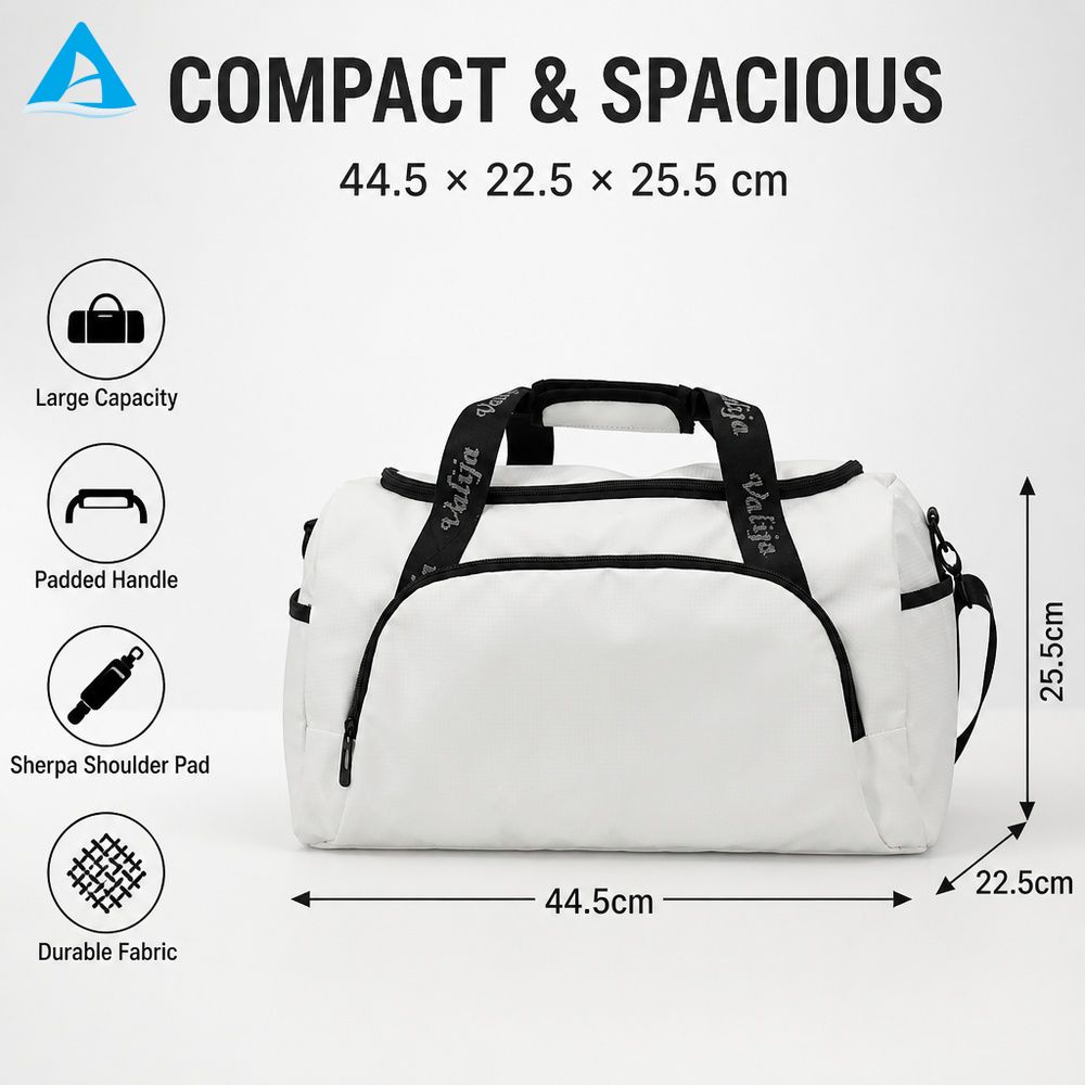 White Duffel Bag for Gym Travel Large Capacity Water-Resistant Sports Weekender Bag with Sherpa Shoulder Pad & Comfort Handle