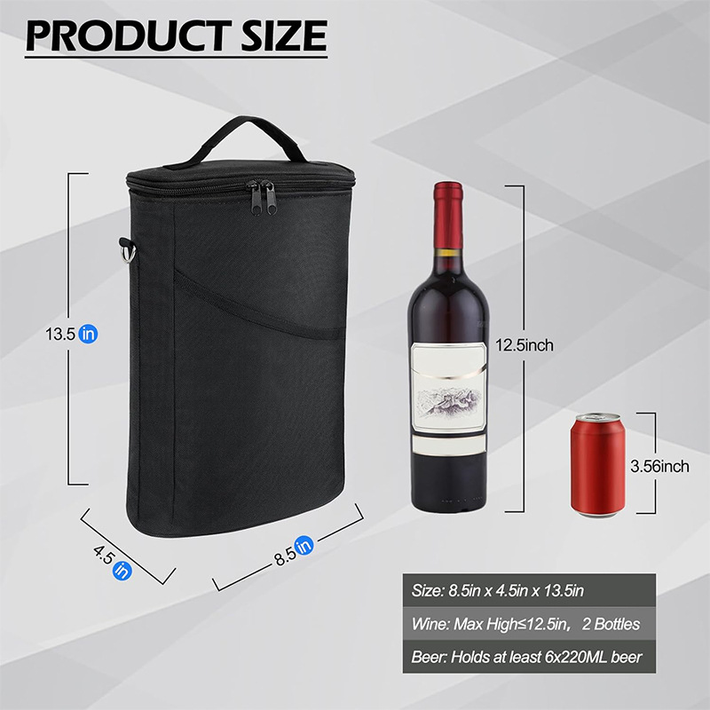 Factory Custom High Quality 2 Bottle Wine Cooler Bag Lightweight Leakproof Gift Tote Handbag with Adjustable Shoulder Strap