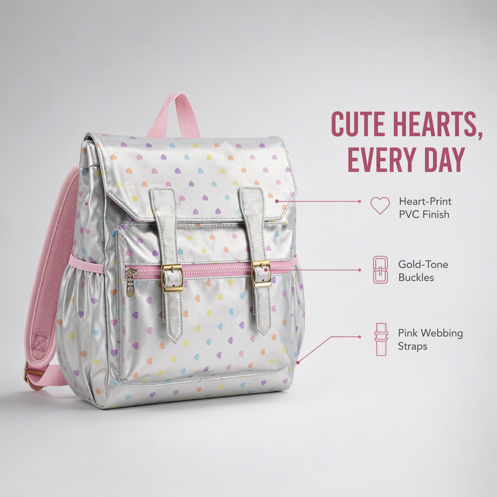 Custom Heart Print PVC School Backpack Lightweight Water-Resistant Fashion Backpack with Side Pockets for Teen Girls and Women