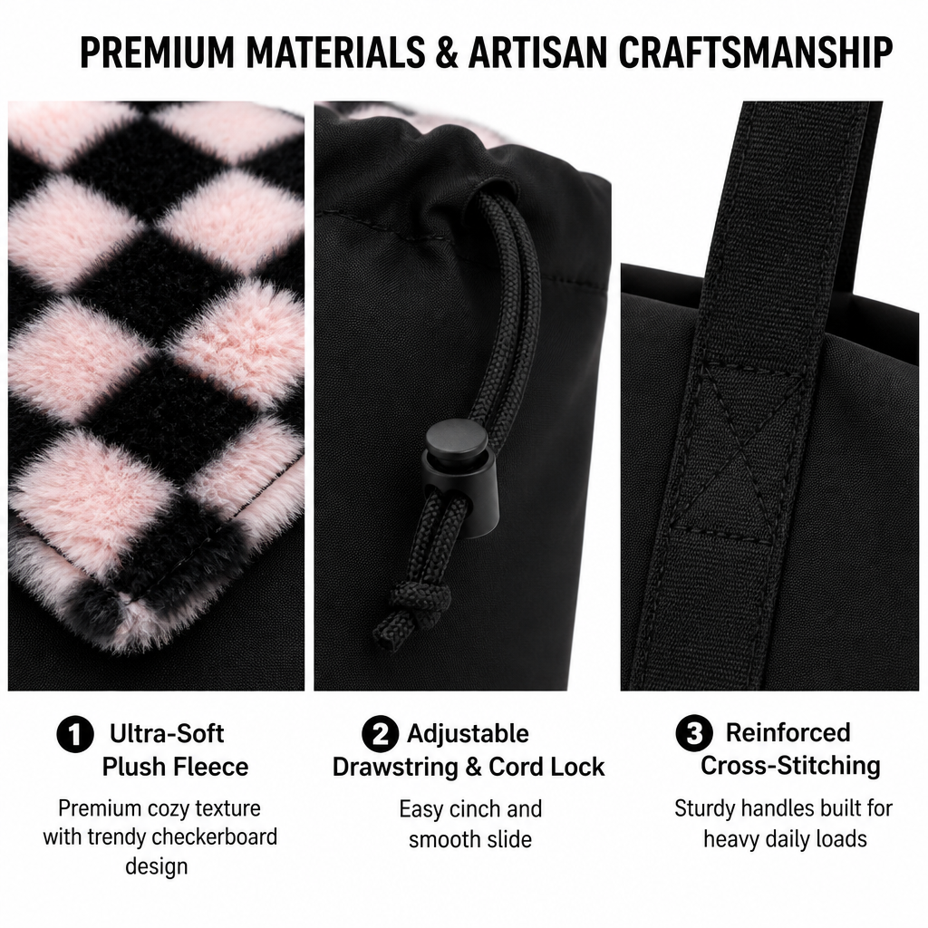 Advance Wholesale Plush Checkered Tote Bag Custom Lightweight Laptop Shoulder Bag with Drawstring Closure for Women