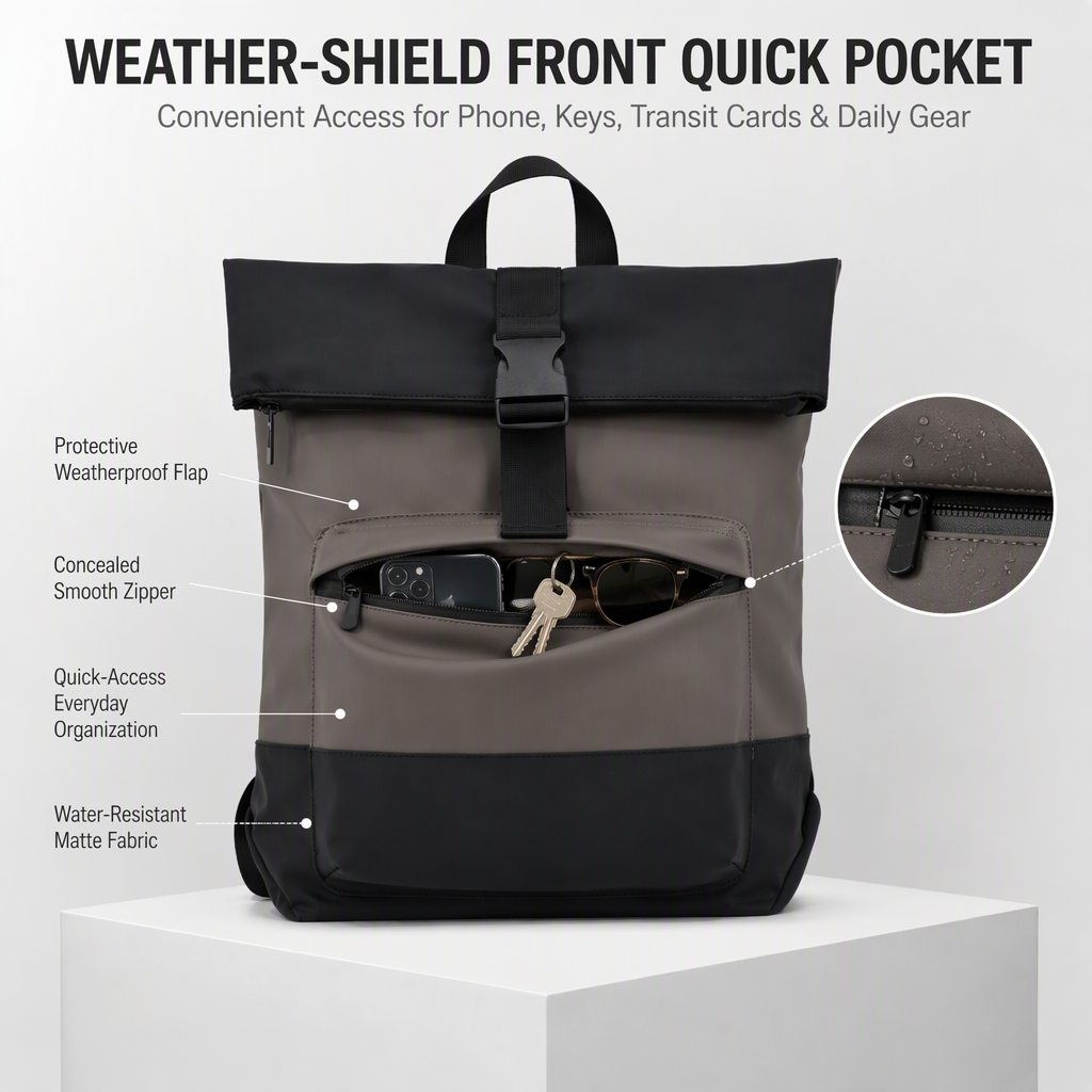 Customizable Expandable Roll-Top Commuter Backpack Waterproof Laptop Backpack with Tablet Sleeve and Front Pocket