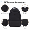 Classic Black 14 Inch Laptop Backpack 3 Compartment Durable Nylon Business Office Bag with Bottle Pockets for School Commute Men