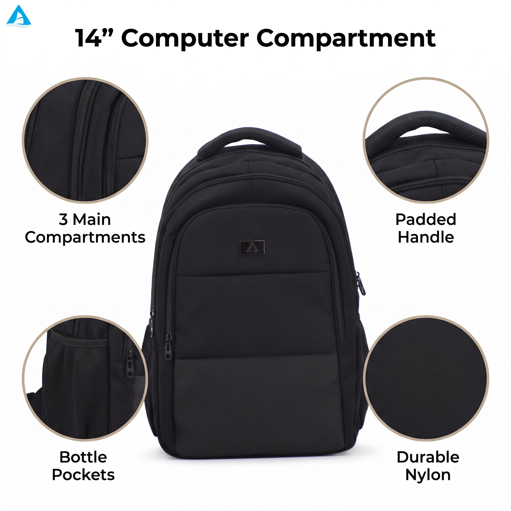 Classic Black 14 Inch Laptop Backpack 3 Compartment Durable Nylon Business Office Bag with Bottle Pockets for School Commute Men