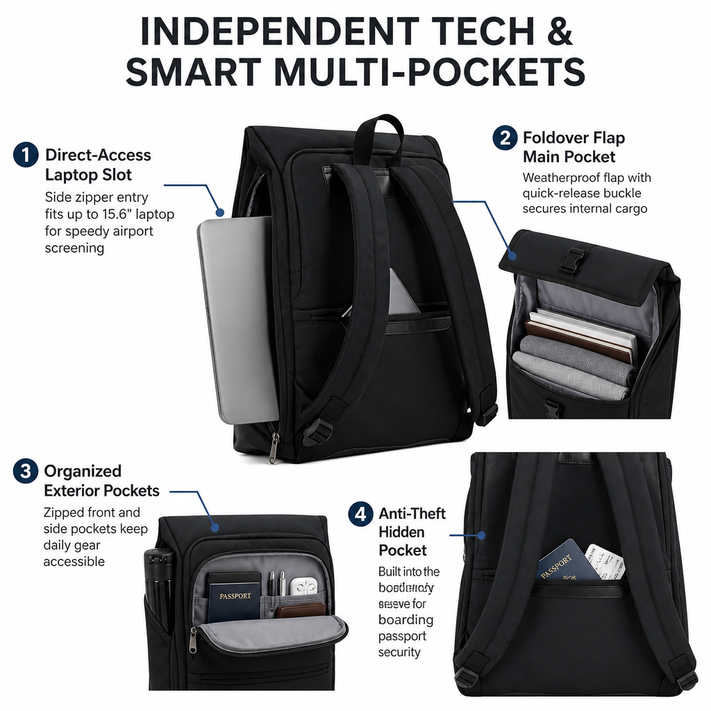 Water Resistant Roll Top Business Travel Backpack Fits 15.6 Inch Laptop Under Seat Friendly Commuter Bag with Anti-Theft Pocket