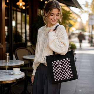 Advance Wholesale Plush Checkered Tote Bag Custom Lightweight Laptop Shoulder Bag with Drawstring Closure for Women