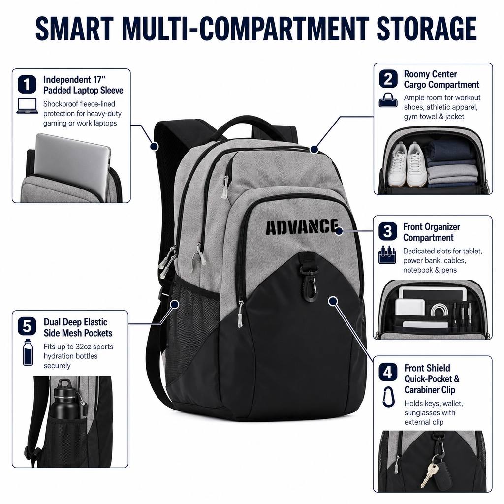 Advance Fashion Casual Sports Backpack for Men Large Capacity Travel Bag with Carabiner Hook Water-Repellent Outdoor Daypack 