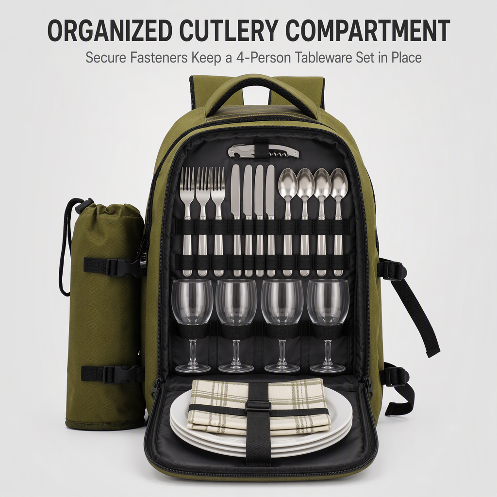 Wholesale Custom Portable Insulated Box Camping Outdoor Picnic Backpack with 4-person Tableware Set for Hiking and Camping