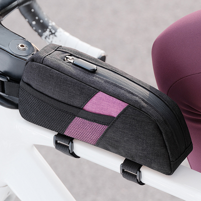 Bicycle Top Tube Bike Frame Bag Waterproof Polyester Zipper Closure Handlebar Storage Pouch Quick Access Phone Pocket Cycling