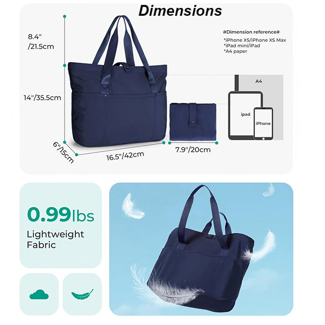 Wholesale Customized 20L Foldable Tote Bag Lightweight Water-resistant Solid Color Shoulder Bag for Ladies' Daily Shopping