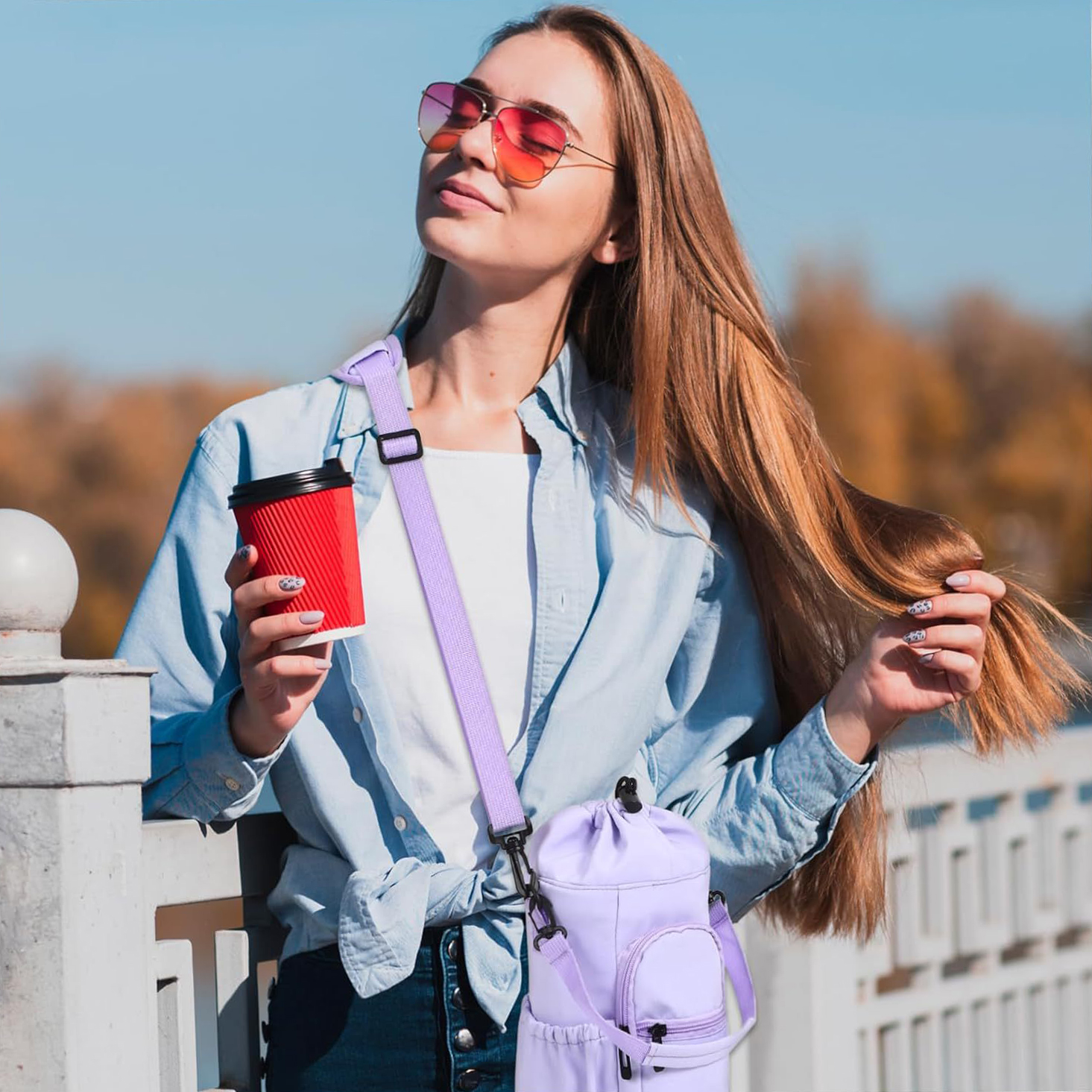 Custom Portable Drawstring Water Bottle Crossbody Bag Lightweight Insulated Water Cup Handbag with Multiple Storage Pockets