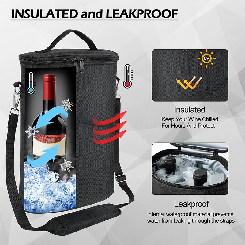 Factory Custom High Quality 2 Bottle Wine Cooler Bag Lightweight Leakproof Gift Tote Handbag with Adjustable Shoulder Strap