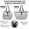 Custom Lightweight Quilted Tote Bag with Adjustable Drawstring Large Capacity Silver Shoulder Handbag for Women Travel Work
