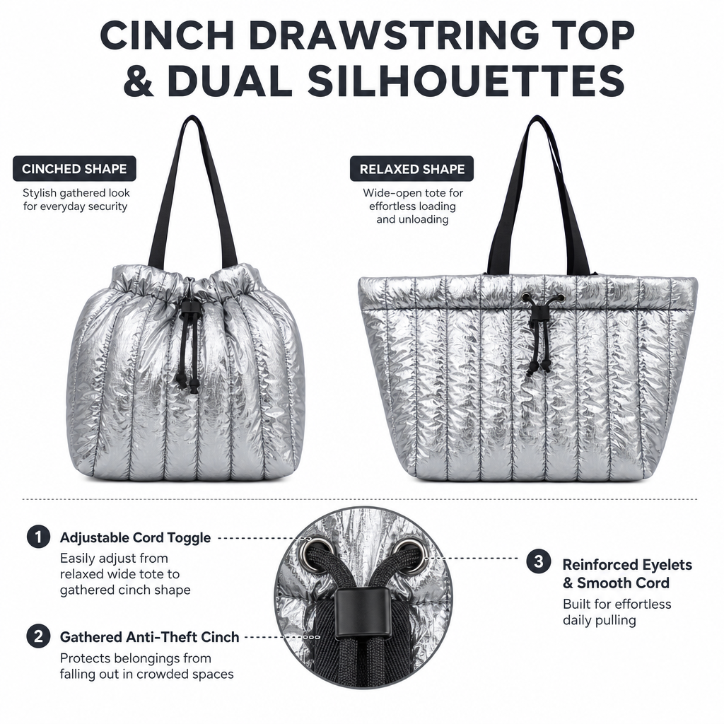 Custom Lightweight Quilted Tote Bag with Adjustable Drawstring Large Capacity Silver Shoulder Handbag for Women Travel Work