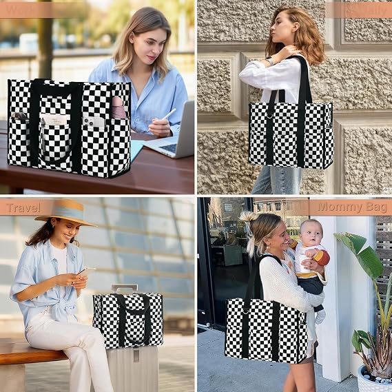 Fashion Waterproof Checkerboard Pattern Women's Tote Bag with Large Capacity Multi-Pocket Portable Weekender Travel Handbag