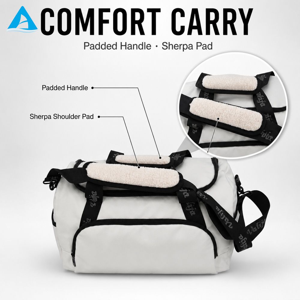White Duffel Bag for Gym Travel Large Capacity Water-Resistant Sports Weekender Bag with Sherpa Shoulder Pad & Comfort Handle